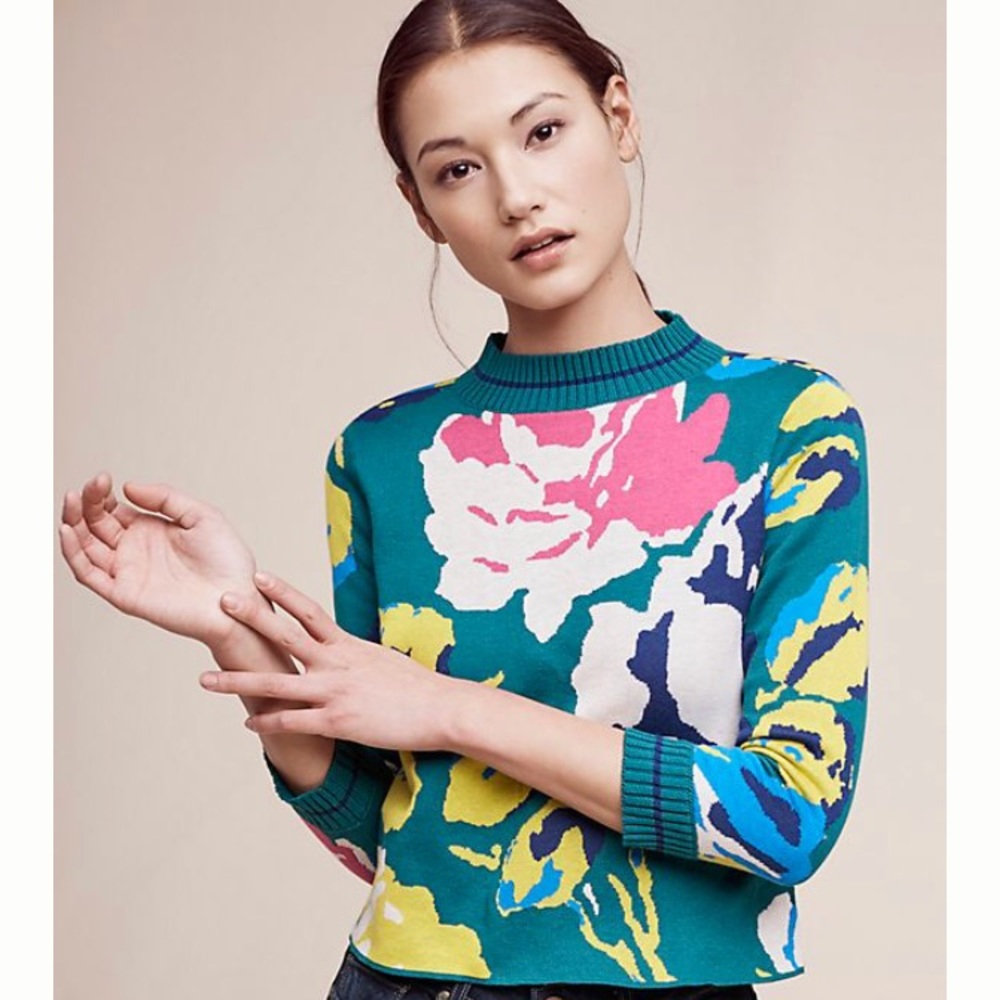 Anthropologie Laine Floral Pullover Sweater Small